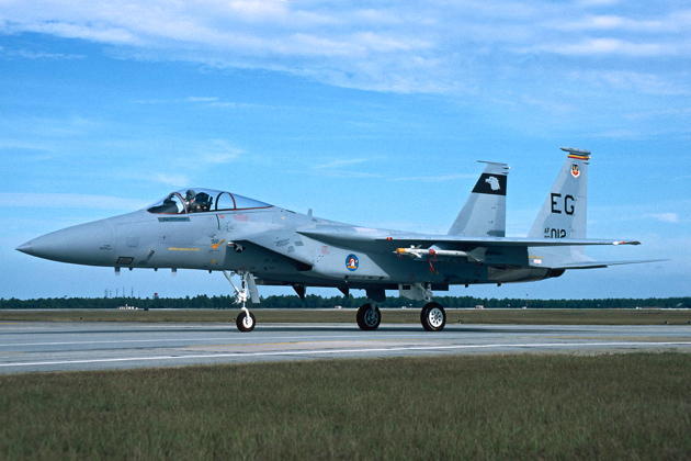 Taxiing at Tyndall AFB in my William Tell F-15C, 83-012 from the 33TFW at Eglin AFB, Florida. Photo by Alec Moulton.