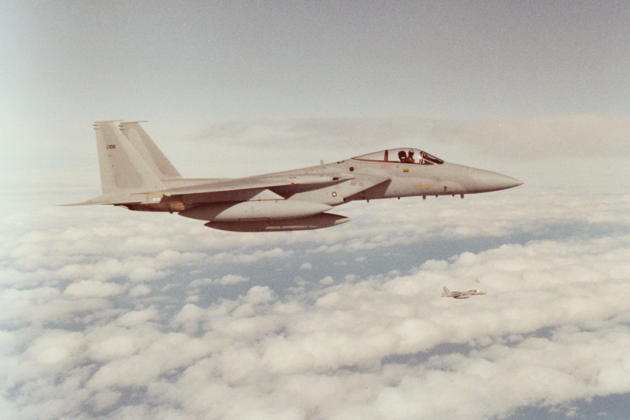 Flying F-15C 80-100 across the North Atlantic for delivery to the Saudi AF at Taif, Saudi Arabia on 4 March 1983. Later Saudi registration of 80-100 was 609, then re-serialed to 1313. With 13th Sqn, 1313 crashed into the desert on 1 Nov 2006, with pilot Captain Abdullah Abuthnain ejecting safely. Photo by the KC-135 tanker crew.