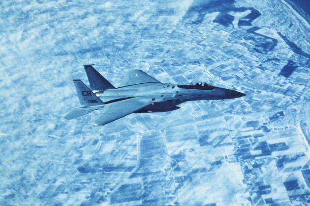 Climbing over the northern Dutch coast while flying Soesterberg F-15A 77-085 on 23 Feb 1980. Photo by Don Waddell.