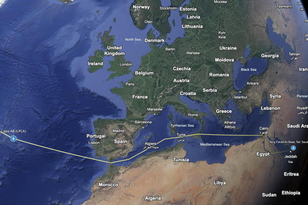 A Google Earth flight track rendering from St. Louis to Langley AFB to the Azores to Taif, Saudi Arabia.