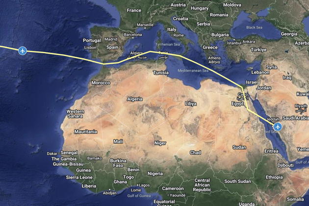 My flight track from St. Louis to Langley AFB to the Azores to Taif, Saudi Arabia.