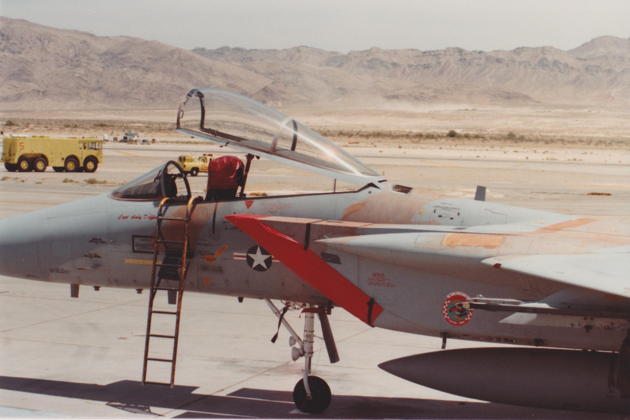F-15A 74-123 with her mottled tan paint job on the Nellis ramp. Photo by Tom Moore.
