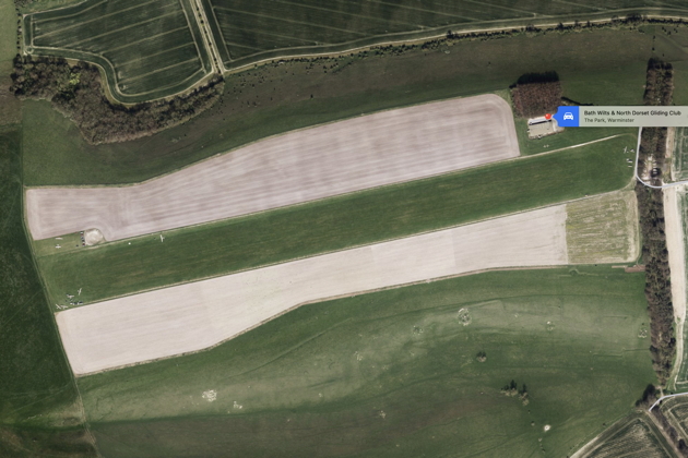 An overhead view 'The Park', Bath Wilts & North Dorset Gliding Club's airfield. Image by Apple Maps.