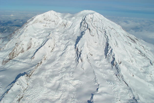 The amazing glacier snowfields on the southwest face of Mt. Rainier from the Warrior cockpit.