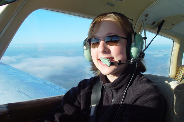 Theresa at the controls of 3DC en route to Mt. St. Helens.