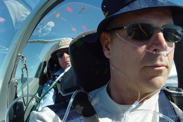 Supplemental oxygen cannulas on with Doug Hamilton in the DG-1000 at 13,000 feet in the New Zealand wave.