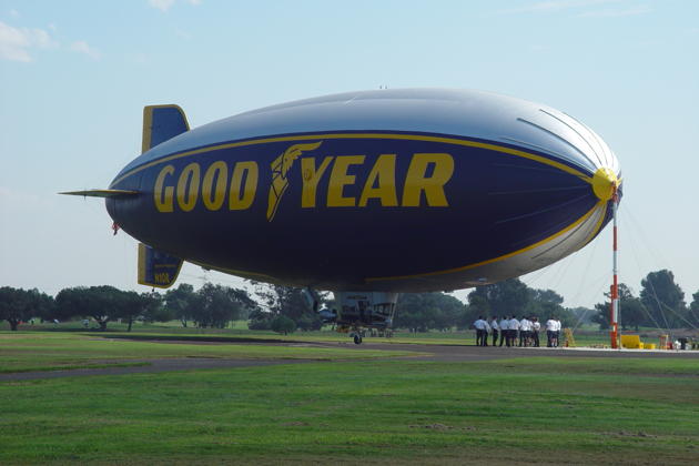 The Goodyear Blimp 'Spirit of America' (N10A) on its moorings in Carson, CA.