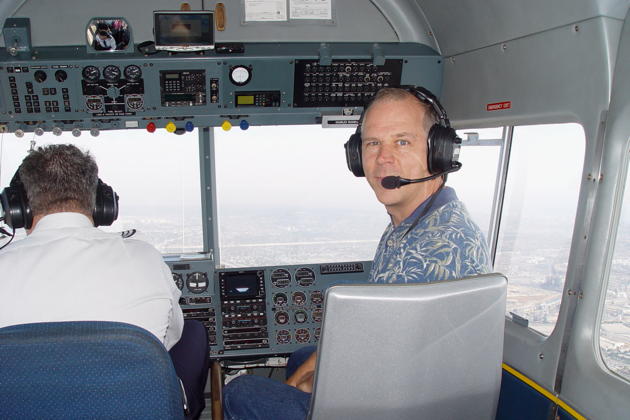 Aloft with a fantastic view in the front seat of the Goodyear blimp 'Spirit of America', with pilot Charlie Russell.