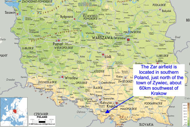 The location of Mountain Gliding School Zar in southern Poland. Map courtesy Ezilon.com.