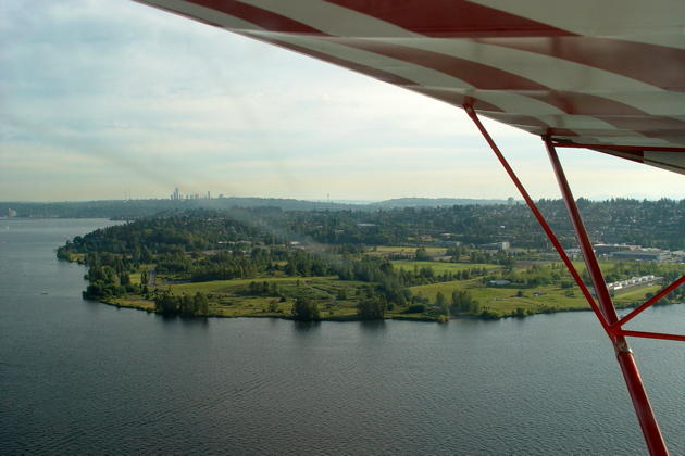 Cruising low in the Kitfox near Sand Point, with downtown Seattle in the distance.