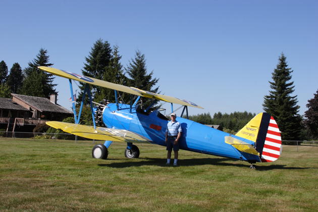 Rich Alldredge and his beautiful Stearman PT-18 at Evergreen Sky Ranch airport.