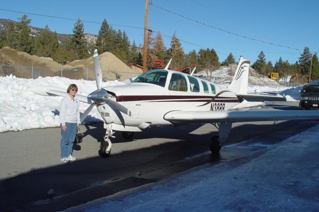 Mary and the A36 Bonanza, preparing to leave Big Bear.