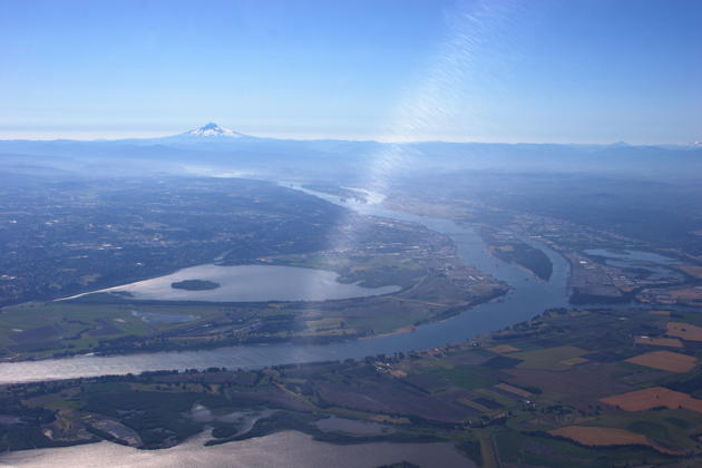 The mighty Columbia River and Vancouver Lake, approaching Portland, looking toward Mt Hood in the distance.