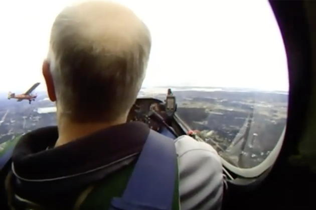 A still image from cockpit video as I flew formation on the towplane for air-to-air photos during Tetra flight #2.