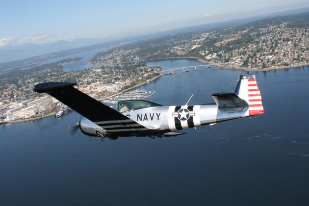 Dave Desmon and me flying as lead in Dave's Navion over Bremerton. Photo by Dean Shaw.