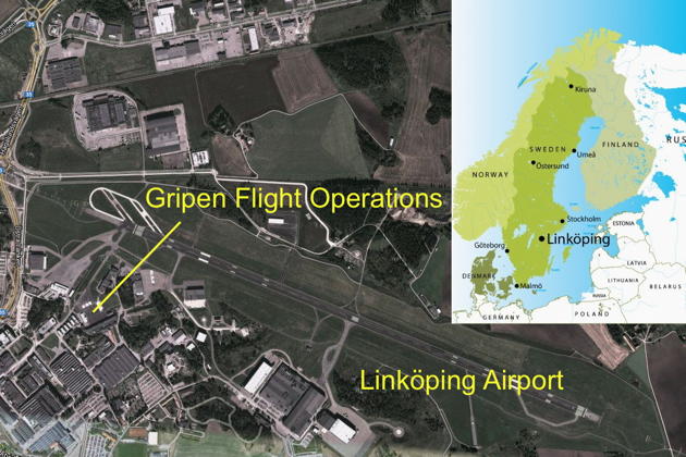 Gripen Flight Operations at Linkoping airport, Sweden, and Linkoping's location on the map of Sweden.