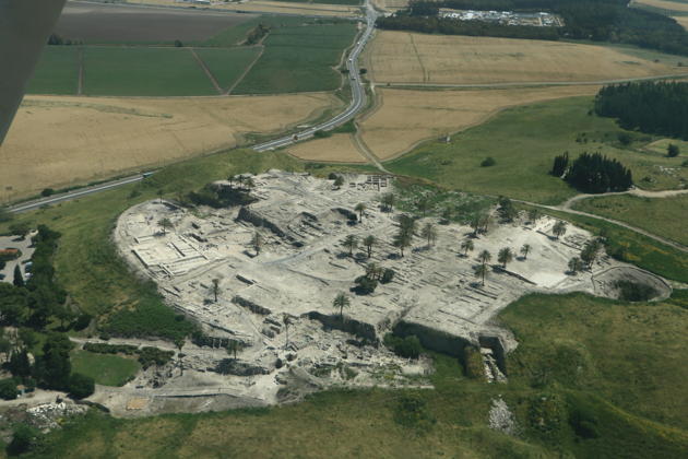 An overhead view of the archeological ruins of Tel Megiddo, Israel.