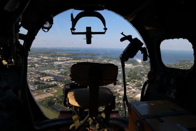 An awesome view from the nose of the B-17 Aluminum Overcast approaching Lake Winnebago.