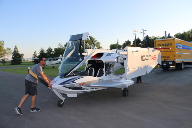 Repositioning the first production Icon A-5 with its wings folded back.