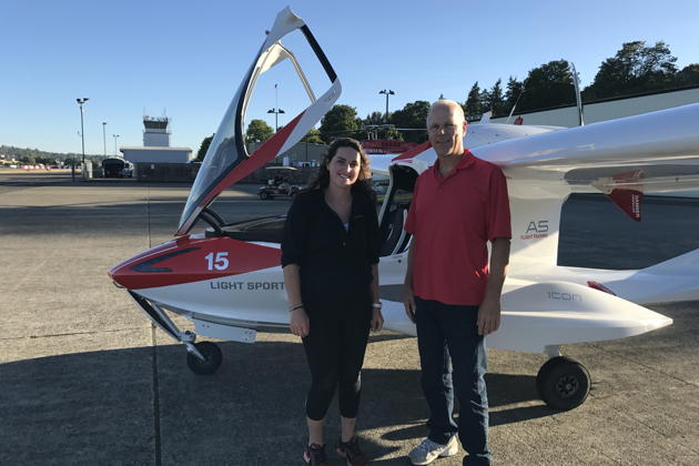 Post flight with Macaela Wright and the Icon A5 after our combined Puget Sound and A5 orientation. Photo by Mary Kasprzyk.