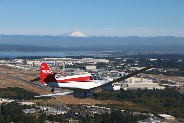Bill Shepherd's Super Aero 45 turning initial at Paine Field for our first pass, viewed from Smokey Johnson's T-6.