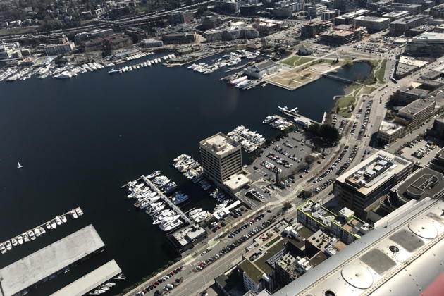 The south end of Lake Union and the Kenmore seaplane docks, as we continue on downwind for a north landing in our SuperCub.