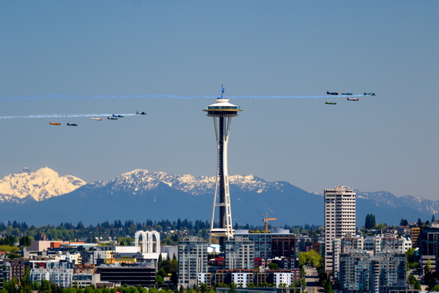 A stunning photo of the VE Day 11-ship as we past in front of the Space Needle in Seattle. Photo by Tedrick Mealy.