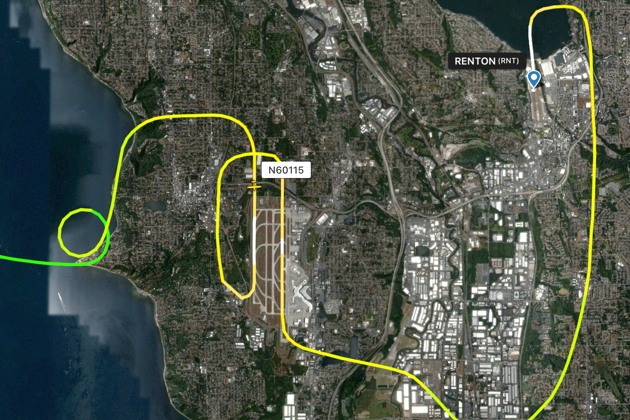 Our flight track for two touch n' go landings at SeaTac in the Cessna 150.