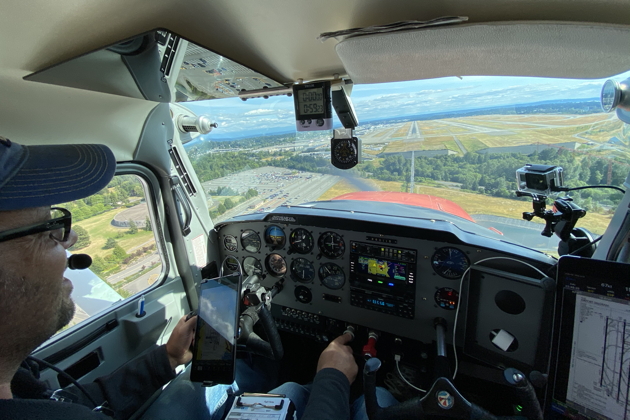 Chris Marshall rolling out on final to runway 16L at SeaTac in the Cessna 150.