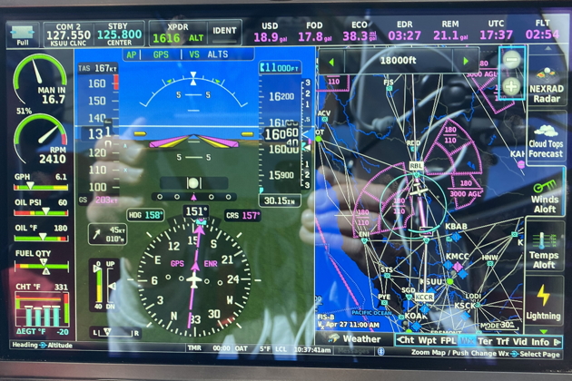 Our top ground speed of our southbound trip - 203 knots with a 45 knot tailwind at 16,060 feet past Red Bluff, CA.