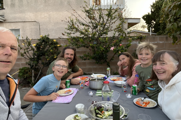 Enjoying a grilled salmon dinner with Alex, David, Katie, Nathaniel and Ma in Long Beach.