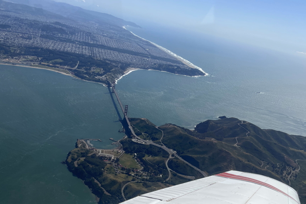 Looking aft from 3DC's cockpit for a view of the Golden Gate and northern San Francisco on a clear April afternoon.