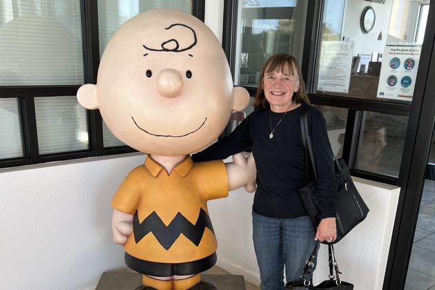 Saying hi to Charlie Brown at the Charles Shultz-Sonoma County airport.