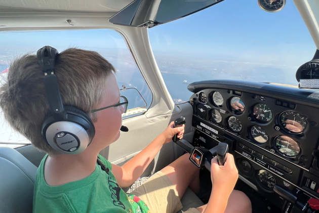 Alex at the controls of 3DC over the Long Beach, CA harbor.