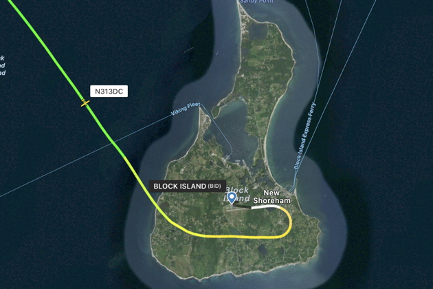 3DC's flight path showing our pattern and landing at the Block Island, RI airport (KBID).
