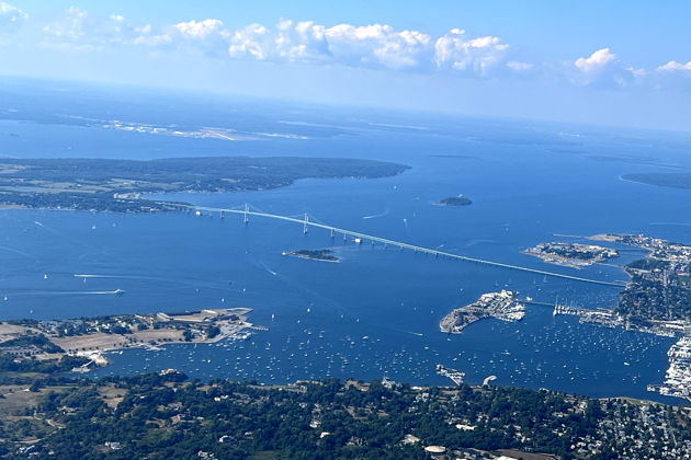 Over Rhode Island Sound, looking north toward Brenton Cove and Newport Harbor, RI en route to New Bedford, MA