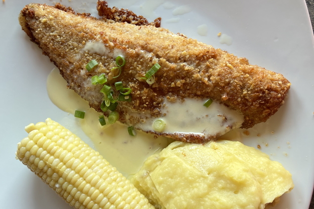 Montana walleye and fresh corn on the cob at Schooners Grill on Canyon Ferry Lake, MT.