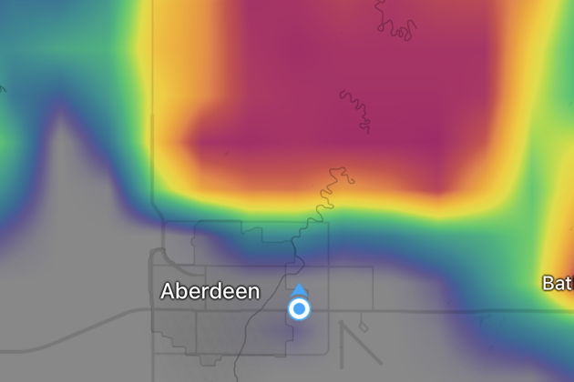 A radar view of the thunderstorm bearing down on Aberdeen, SD on Day 2.