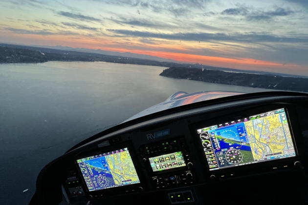 Turning base in the RV-12 for runway 16 at Renton after sunset from our formation photo shoot.