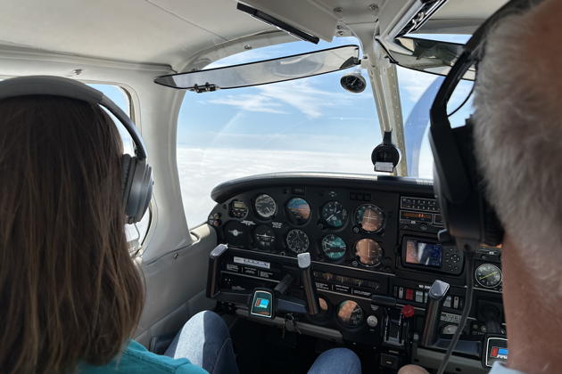 Katie saying 'You've got it, Dad' as we head into the sea of white on our ILS into Long Beach. Photo by David Kasprzyk.