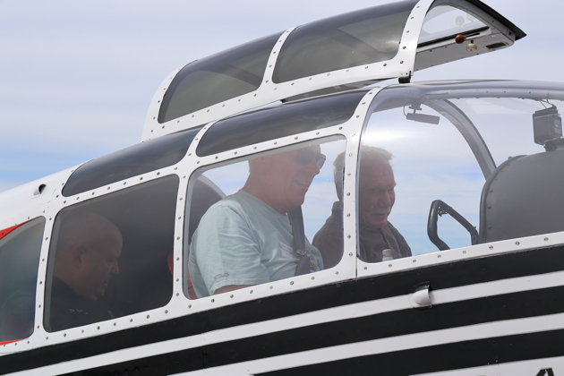 Lots of canopy glass! Getting ready with Bill Shepherd in his Super Aero 45 at Arlington, WA, and Dan Shoemaker settling in the back. Photo by Brodie Winkler.