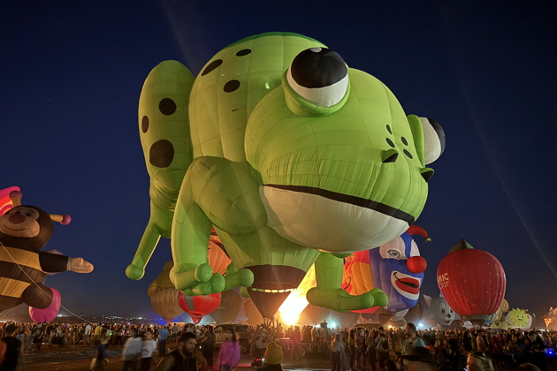 'Kermie the Frog' at the Special Shapes Night Glow at Albuquerque's Balloon Fiesta Park. My photo.