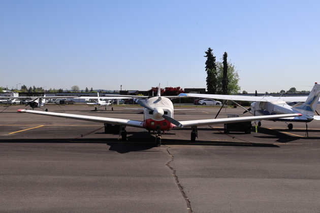 The clean frontal lines of the Mooney M20E. My photo.