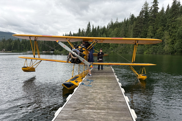 Jay Pemberton prepping the N3N on floats for our flight out of the Tanglefoot Seaplane Base at Priest Lake, ID.