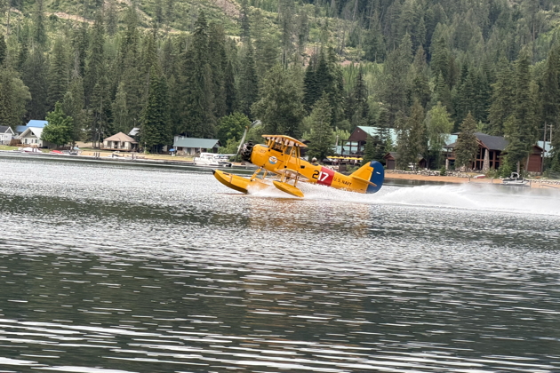 Taking off in the N3N on floats from Priest Lake, ID.